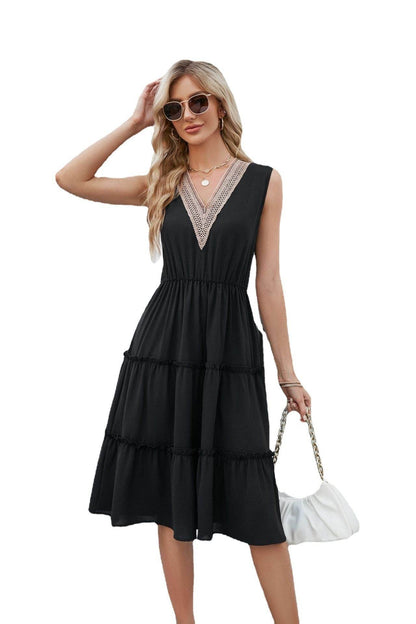 Robes Col V Femme Sans Manches Plissées Volants Élégante Robe Plage Été