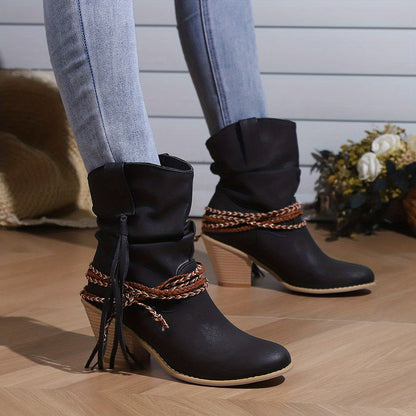 Womens Vintage-Inspired Chunky Heeled Cowboy Boots - Fashionable Tassel & Braided Band Detail, Slip-On Comfort, Soft Slouchy Texture - Retro Short Western Boots