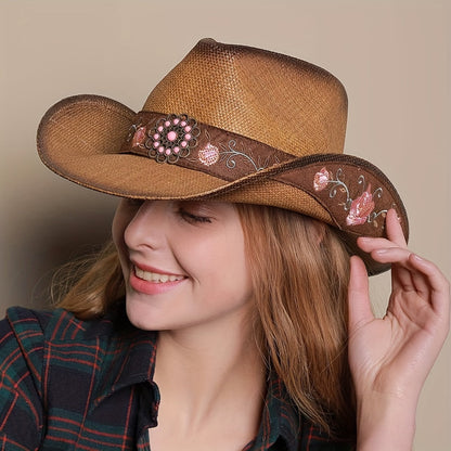 [Elegant Western Cowboy Hat] Natural Straw Western Cowboy Hat - Elegant Women's with Floral Embroidery, Sun Protection, Adjustable Drawstring, Perfect for Summer Outdoor Adventures