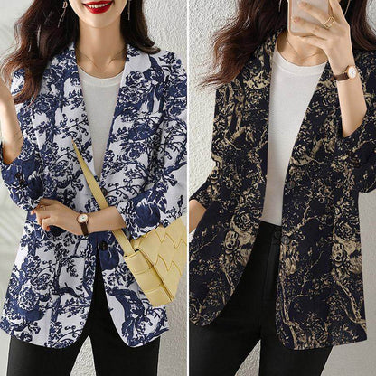 Women's Button Printed Long-sleeved Pocket Vintage Cotton And Linen jacket Blazer
