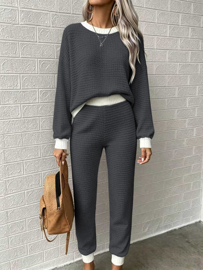Women’s Waffle-Weave Sweatshirt & Pants Set – Casual Drawstring Crew-Neck Long-Sleeve Loungewear