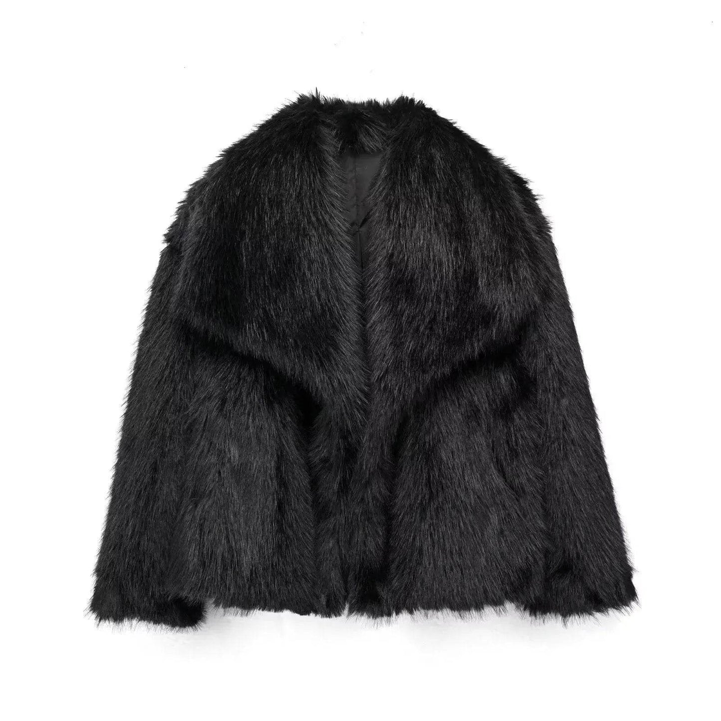 Manteau d'hiver en peluche à col ouvert et revers épais, manteau en fausse fourrure pour femmes