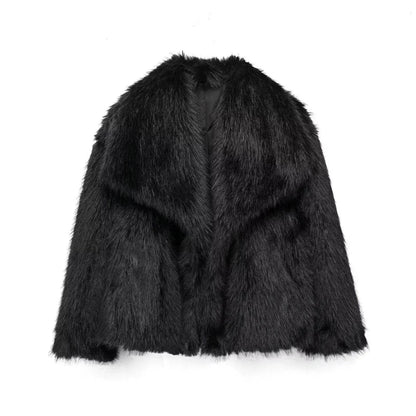 Manteau d'hiver en peluche à col ouvert et revers épais, manteau en fausse fourrure pour femmes