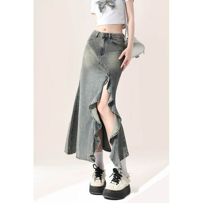 Irregular Half-length Split Denim long Skirt