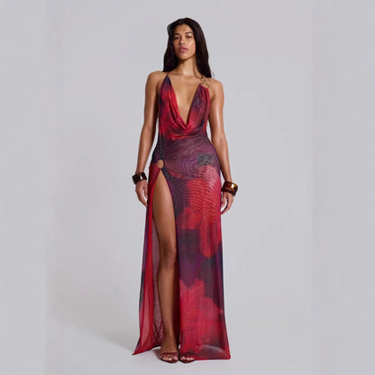 French-Style Printed Deep Halter Neck Backless Waist-Cinching Dress