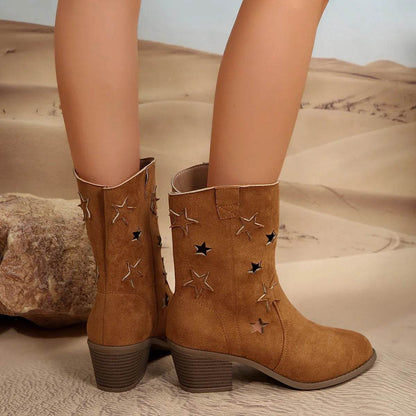 Bottes mi-mollet à motif étoiles évidées - Bottes western rétro à talon carré et bout pointu pour femme - Chaussures d'automne et d'hiver