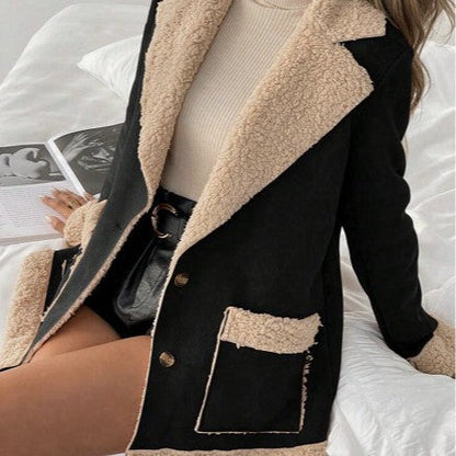 Women’s Suede & Corduroy Lambswool Coat – Warm Winter Long-Sleeve Outerwear Jacket