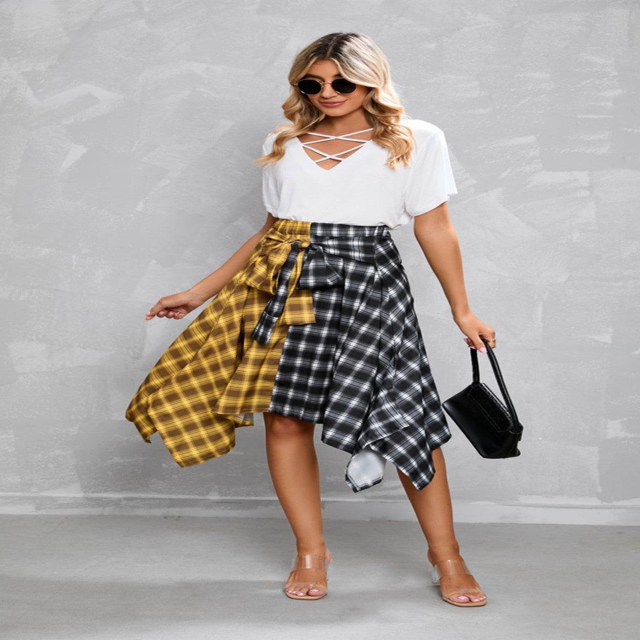 Elegant Irregular Lace-Up Check Midi Skirt street wear fashion Women's Plaid Skirts High Waisted Knot Front Asymmetrical Hem Mini Skater Skirt