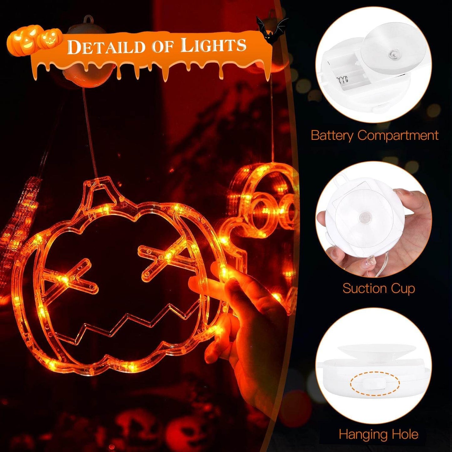Lot de 3 lumières d'Halloween pour fenêtre, araignée, chapeau de sorcière, citrouille, avec lumière orange, décoration d'Halloween à suspendre avec ventouse et trous de suspension.