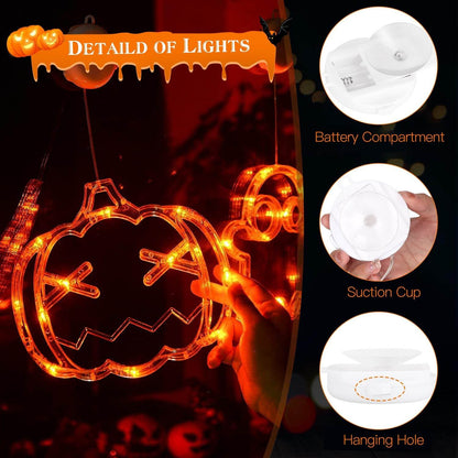 Lot de 3 lumières d'Halloween pour fenêtre, araignée, chapeau de sorcière, citrouille, avec lumière orange, décoration d'Halloween à suspendre avec ventouse et trous de suspension.