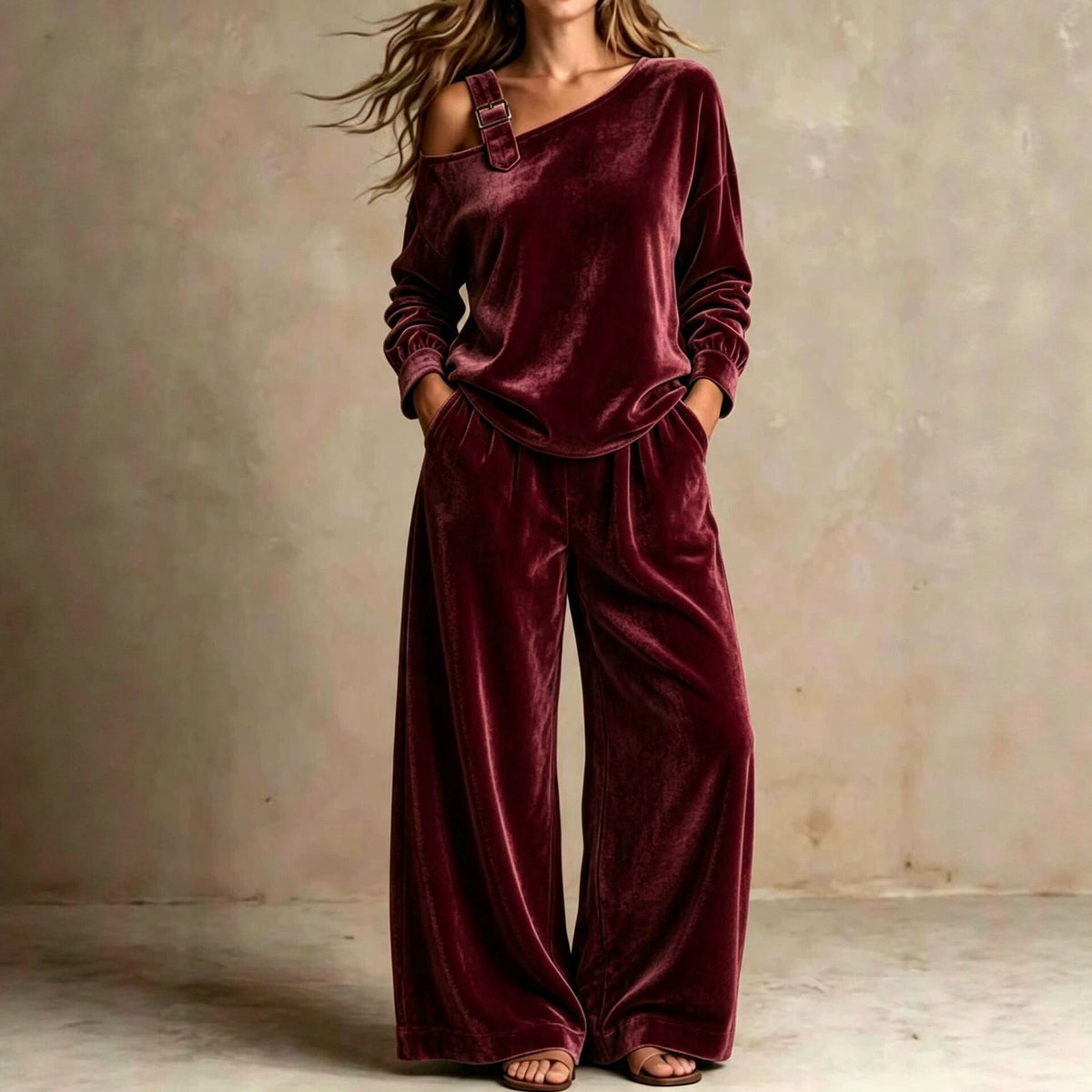 Women’s Velvet Two-Piece Set – Elegant Off-Shoulder Long-Sleeve Top & Full-Length Pants