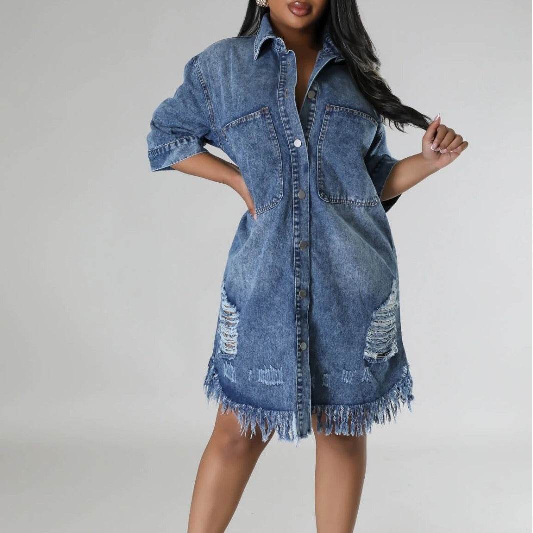 Women's Fashion 3/4 sleeve Mid Length loose Denim Jeans Dress