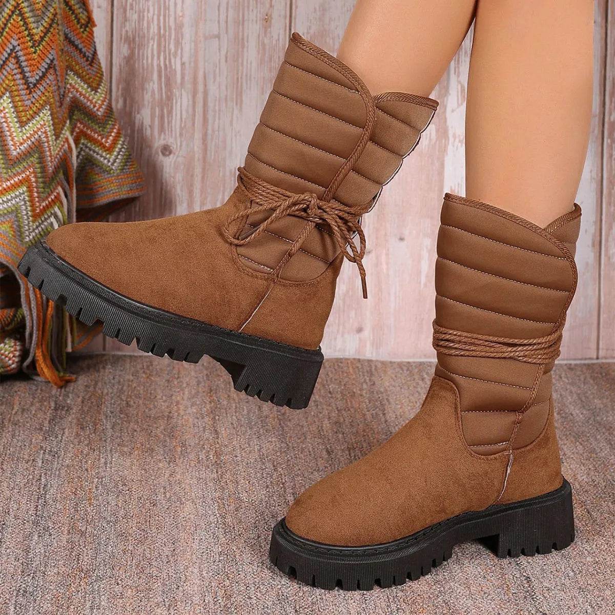 Bottes de neige mi-mollet tendance avec lacets, bottes d'hiver chaudes et épaisses à talon bas, chaussures décontractées pour femmes, pour l'extérieur