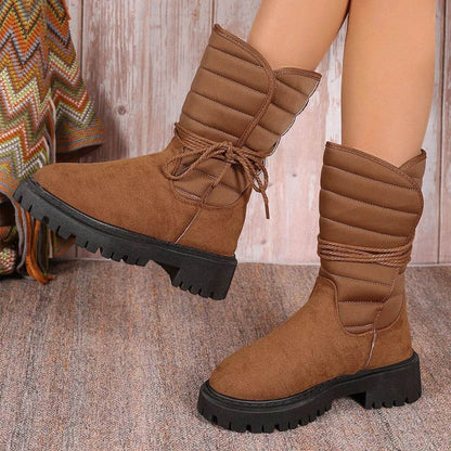 Bottes de neige mi-mollet tendance avec lacets, bottes d'hiver chaudes et épaisses à talon bas, chaussures décontractées pour femmes, pour l'extérieur