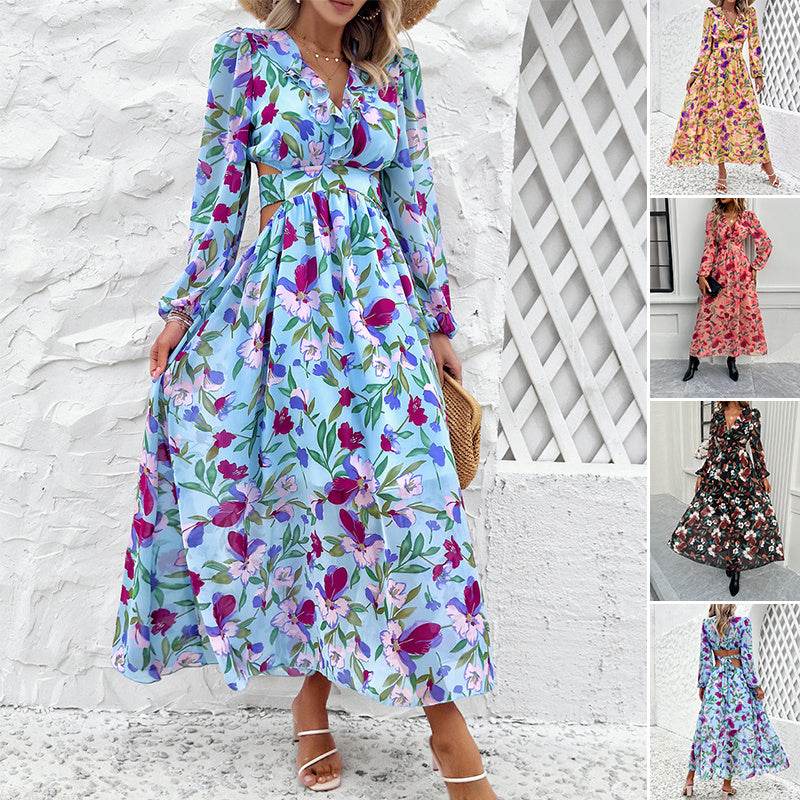 Robe longue imprimée florale à manches longues, décontractée pour les vacances, coupe ajustée, col en V, vêtements pour femmes
