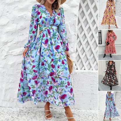 Robe longue imprimée florale à manches longues, décontractée pour les vacances, coupe ajustée, col en V, vêtements pour femmes