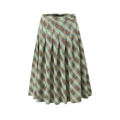 American Retro Low Waist Navel Plaid Pleated Long Skirt Women
