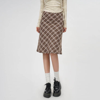 Plaid A- Line Skirt Women's High Waist student Midi Skirt