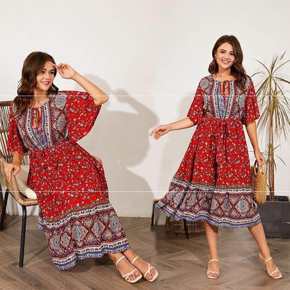 Modest Plus Size Summer dress V Neck Midi Beach boho Dress