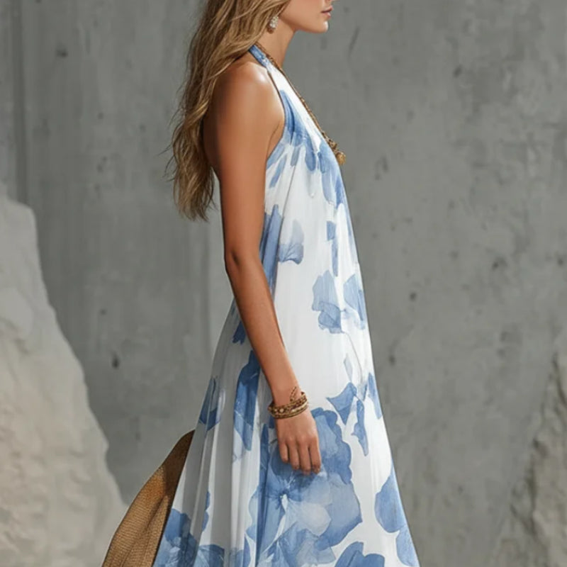 Vintage-Inspired Holiday Maxi Dress – Women's Blue Chiffon Oversized Print Dress