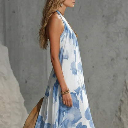 Vintage-Inspired Holiday Maxi Dress – Women's Blue Chiffon Oversized Print Dress