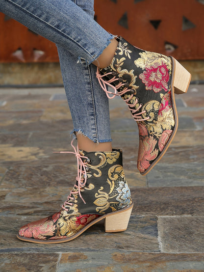 Women's Vintage Flower Boots, Lace Up Chunky Heel Western Cowboy Boots, Point Toe Stylish Chelsea Boots fall