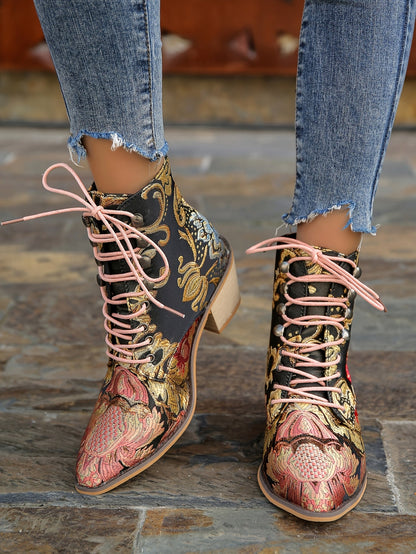 Women's Vintage Flower Boots, Lace Up Chunky Heel Western Cowboy Boots, Point Toe Stylish Chelsea Boots fall