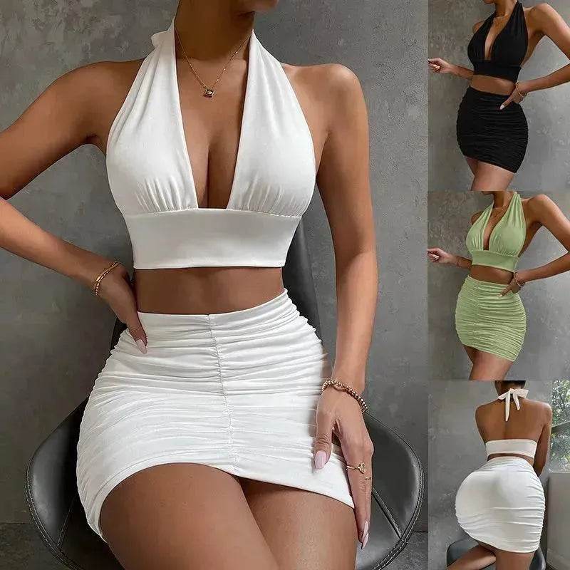 Ensembles de 2 Pièces pour Femmes Top Courroie de Cou Sans Manches à Lacets et Jupe Plissée Couvrant les Hanches