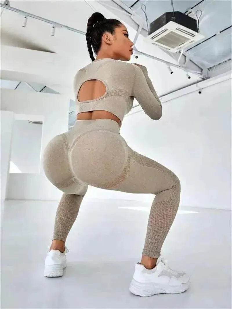 Leggings de fitness Tenues de sport Survêtements 2 pièces à manches longues et design évidé