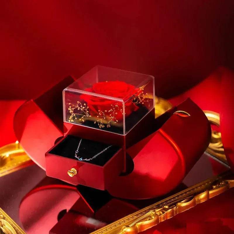 Boîte à bijoux de mode pomme rouge cadeau de Noël collier Rose éternelle pour fille fête des mères Saint Valentin cadeaux avec fleur artificielle Rose fleur boîte à bijoux