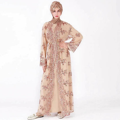 White Chiffon Sequin Embroidery Dubai  Abaya Kimono  Middle East ArabClothing