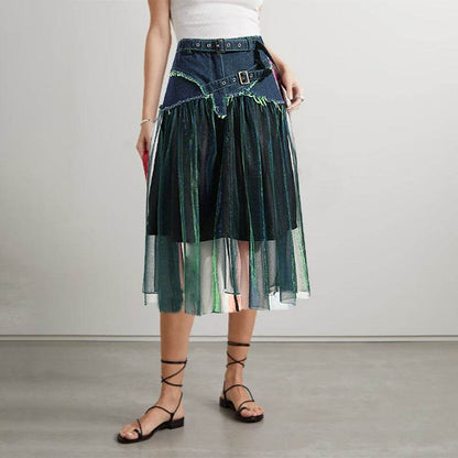 Denim Midi Skirt A Line Mid Length Street Style