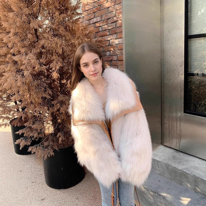 Women’s Youth-Style Faux Fox Fur Coat – Soft Plush Warm Winter Jacket