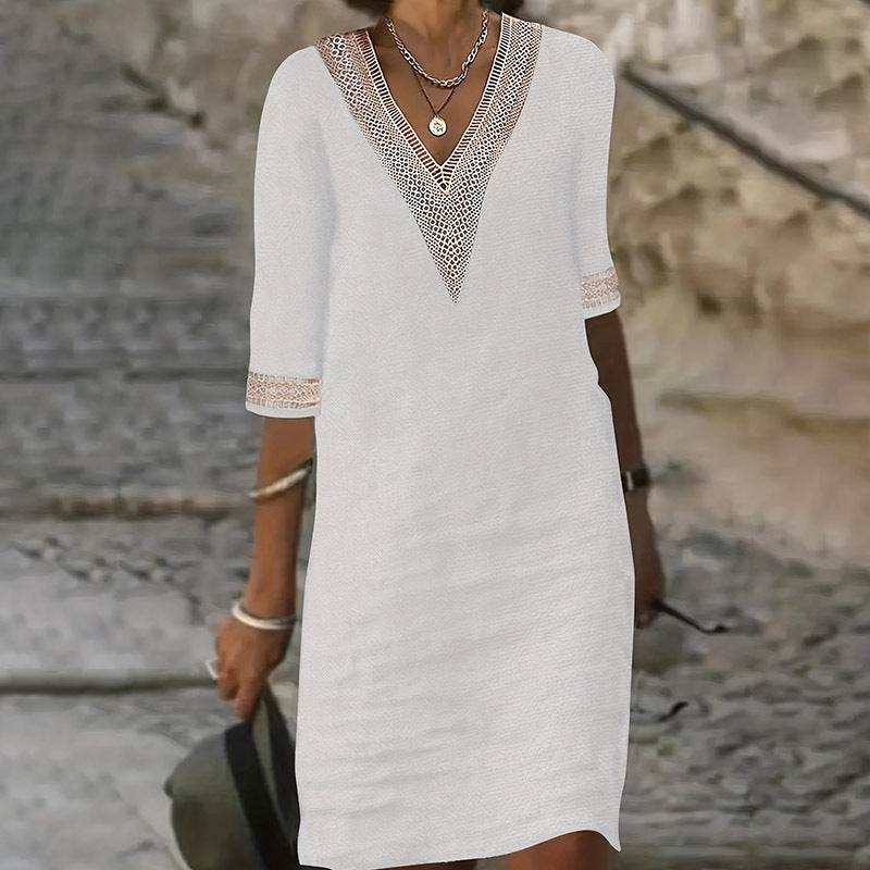 Women's Chic Guipure Lace V-Neck Tunic Dress Knee-Length, Hollow Detail,All-Season Dress