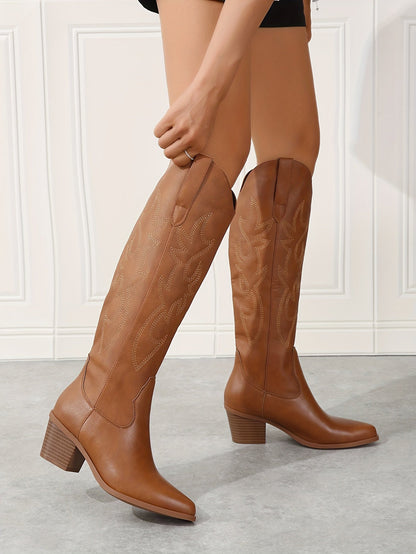 Womens Richly Embroidered Slip-On Cowboy Boots - Fashionable Pointed Toe, Chunky Heel, High Knee Height - Authentic Western Style with Ultimate Comfort - Perfect for Vacation Wear