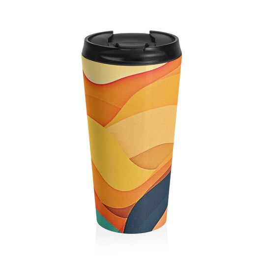 Mug de voyage en acier inoxydable Vagues au coucher du soleil — Design rétro abstrait orange et jaune