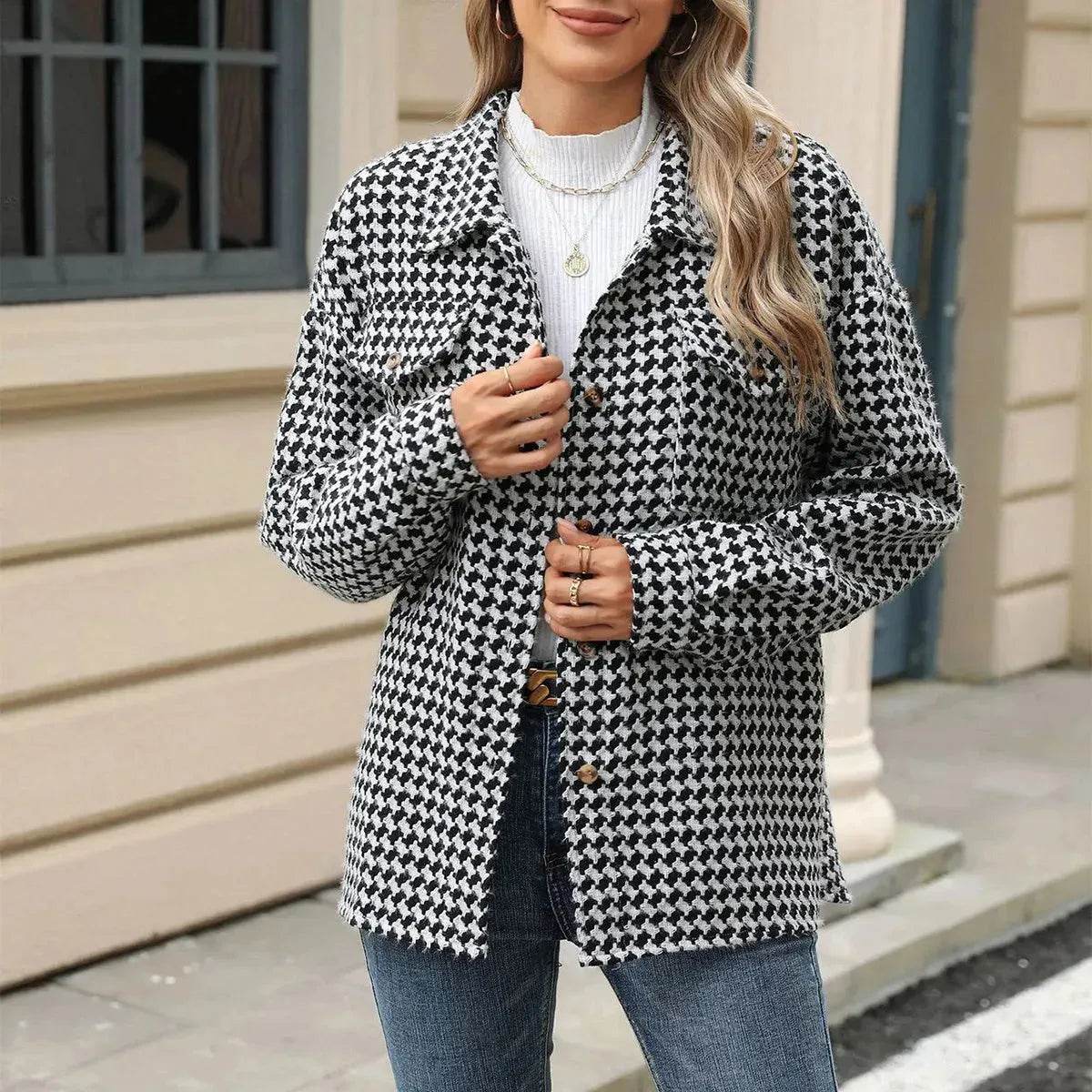 Casual Houndstooth Lapel Tweed Button long sleeve shirt tops for women