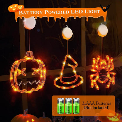 Lot de 3 lumières d'Halloween pour fenêtre, araignée, chapeau de sorcière, citrouille, avec lumière orange, décoration d'Halloween à suspendre avec ventouse et trous de suspension.