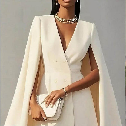 Formal V Neck Double-Breasted Mini Cape Sleeve Dress for Women