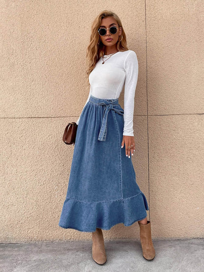 Ladies Fashion Casual Ruffled Blue Denim Maxi Skirt Women