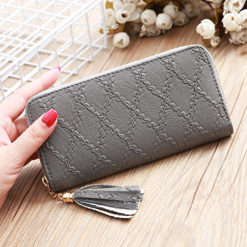 Women's Leather Clutch Wallet – Stylish Tassel Zip Purse with Card Holder Slots