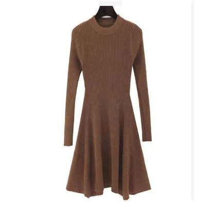 Autumn Winter Round neck Slim fit Mini Flared Sweater Dress