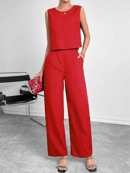 Women's Sleeveless Round Neck Crop Top & Wide Leg Pants Two-Piece Set – Casual Solid Color Office Wear Outfit