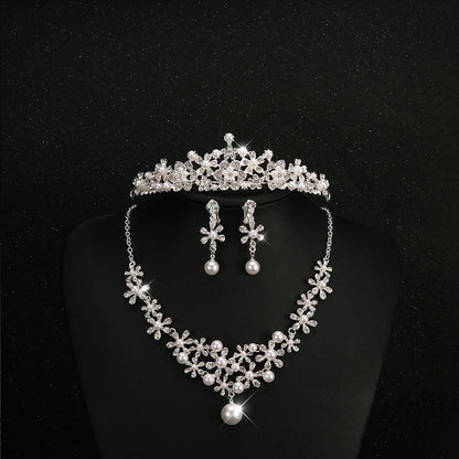 Bridal headdress, three sets of crystal flower necklace, diamond earrings, Wind crown, wedding jewelry set