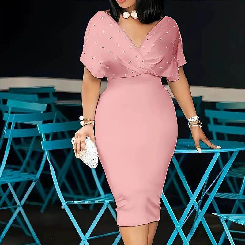 Women's Back Zipper dress Elegant Deep V Neck Wrap Bodycon Dress Pencil Midi Dress