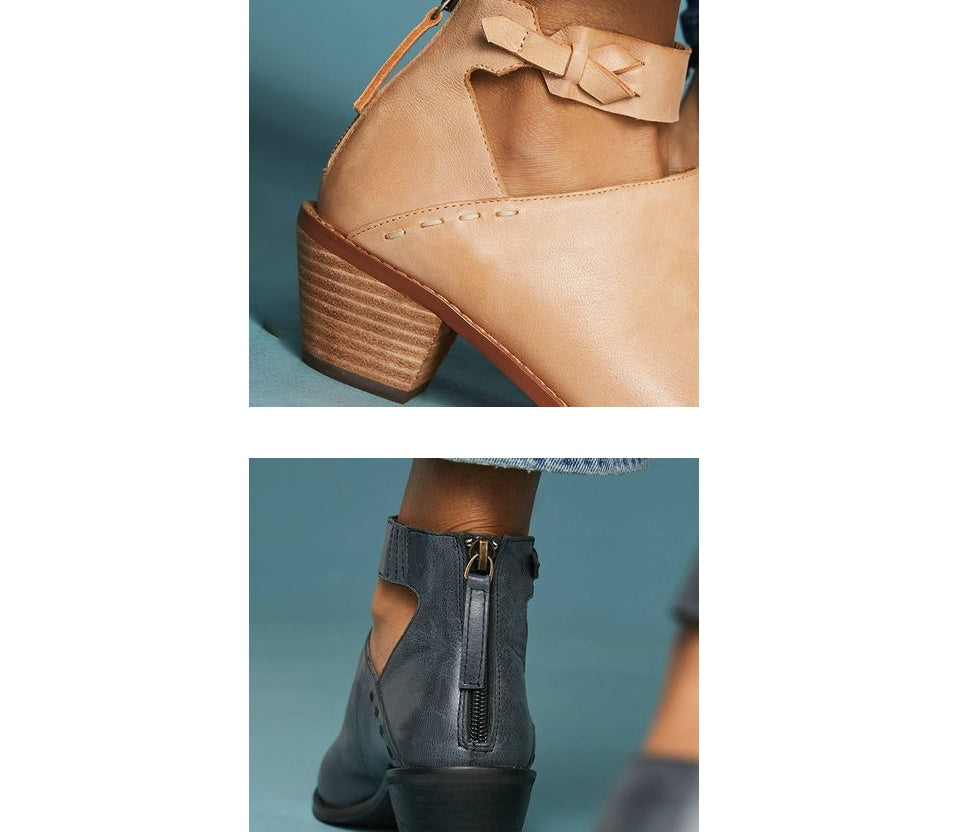 Women’s Leather Ankle Boots – Cut-Out Buckle Strap Booties with Back Zipper