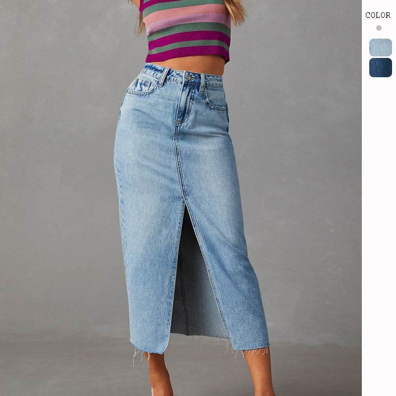 Women's Fashion Slimming front split Midi Denim Skirt