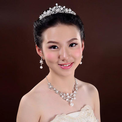Bridal headdress, three sets of crystal flower necklace, diamond earrings, Wind crown, wedding jewelry set
