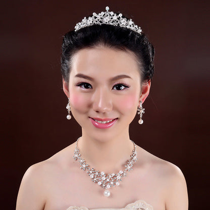 Bridal headdress, three sets of crystal flower necklace, diamond earrings, Wind crown, wedding jewelry set