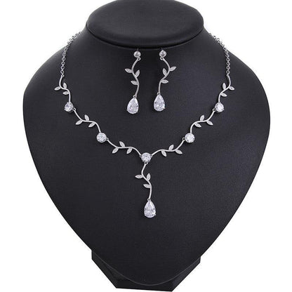 Cross border explosion leaves bridal ornaments zircon water drop earrings and necklace set
